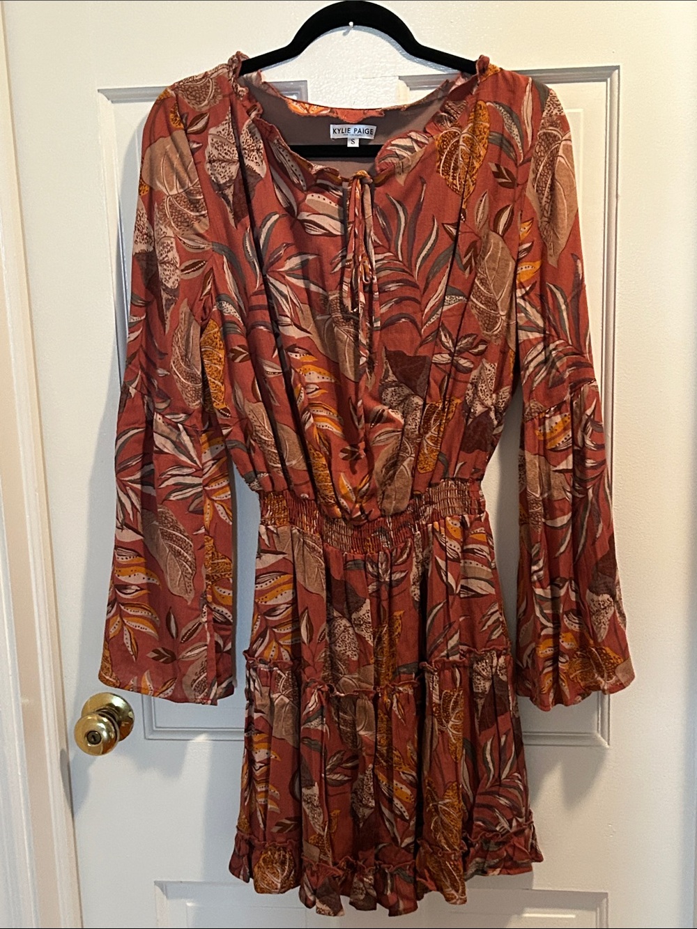 Floral Rust Tiered Long-Sleeve Dress with Tie Neck